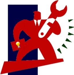 Red figure with wrench and suitcase, holding a light bulb, against a blue background with arrows.