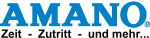Logo mit blauem "AMANO" Schriftzug und Slogan: "Zeit - Zutritt - und mehr..." darunter.