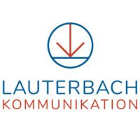 Logo mit Kreis, Pfeil nach unten und Text "Lauterbach Kommunikation" in Blau und Rot.