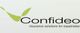 Logo von "Confideo", mit grünem Blattmotiv und dem Slogan "insurance solutions for expatriates".
