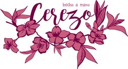 Texto "Cerezo hecho a mano" con ilustración de flores de cerezo en tonos rosados.