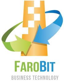 Logo FaroBit con torre arancione e frecce colorate. Scritte: "FaroBit Business Technology".