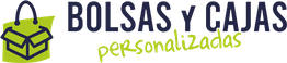 Logotipo con texto: "Bolsas y Cajas Personalizadas" y dibujo de bolsa verde.