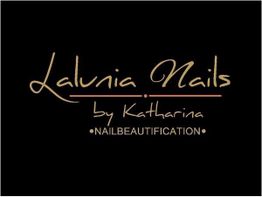 Schwarzes Logo mit goldener Schrift: "Lalunia Nails by Katharina - Nailbeautification".