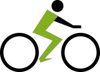Strichmännchen in grün auf einem Fahrrad, stilisiertes Symbol für Radfahren.
