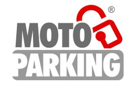 Logo "MOTO PARKING" con disegno di lucchetto rosso.