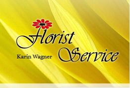 Logo "Florist Service Karin Wagner" auf gelbem Hintergrund mit roter Blume über dem "F".