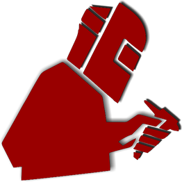 Roter stilisierter Arbeiter mit Schutzhelm und Maske, der ein Objekt in den Händen hält.