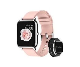 Reloj inteligente rosa con esfera de flor y otro negro con texto "Free band".