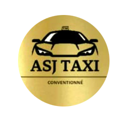 Logo circulaire doré avec une voiture et le texte "ASJ Taxi Conventionné".