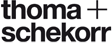 Schwarzes Logo mit Text "thoma+schekorr" in moderner Schrift auf weißem Hintergrund.