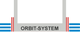 Logo mit der Aufschrift "Orbit-System", umgeben von blauen und roten Streifen.