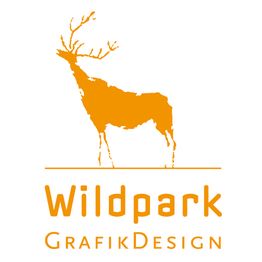 Silhouette eines Hirsches in Orange mit Text "Wildpark GrafikDesign" darunter.