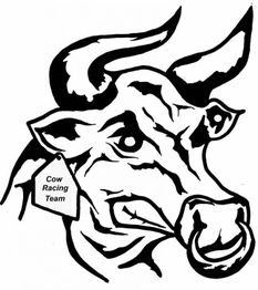 Schwarz-weiße Zeichnung eines Stierkopfes mit Etikett: "Cow Racing Team".