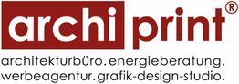„archi print“-Logo mit Text zu Architektur, Energie, Werbung, Grafikdesign.