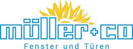Logo von Müller+Co mit Sonnenblume und Schriftzug "Fenster und Türen" in Blau und Gelb.