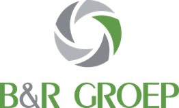 Een logo met een grijze en groene cirkel en de tekst "B&R GROEP".