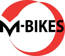 Logo met tekst "M-BIKES" in zwart binnen een rode cirkel.