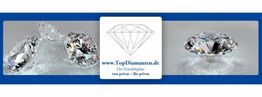 Glänzende Diamanten auf blauem Hintergrund, Website-Logo "www.TopDiamanten.de" im Zentrum.