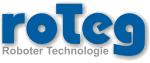 Logo der Firma roTeg mit blauem Schriftzug und dem Slogan "Roboter Technologie".