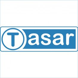 Blau-weißes Logo mit dem Text „Tasar“; der Buchstabe „T“ ist in einem Kreis hervorgehoben.