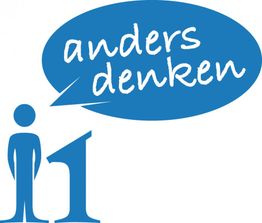 Blaues Symbol einer Person mit Sprechblase: "anders denken".