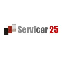 Logo con texto "Servicar 25" en gris y rojo sobre fondo blanco.