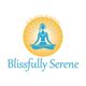 Blue figure meditating in lotus position with yellow background, text: "Blissfully Serene."
