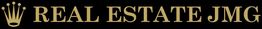 Logotipo dorado con texto "Real Estate JMG" y una corona a la izquierda sobre fondo negro.