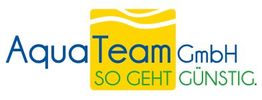 Logo von AquaTeam GmbH mit Slogan "So geht günstig" auf gelbem Hintergrund.