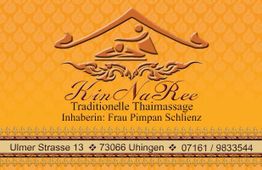 KinNaRee Thaimassage-Logo mit Adresse in Uhingen, Orange-Braun-Farbe, thailändisches Motiv.