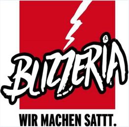 Logo mit rotem Hintergrund und weißem Blitz, Schriftzug "Blizzeria", Text: "WIR MACHEN SATT."