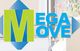 Colorful "Mega Move" logo with green "M" and blue "ega Move" on a geometric blue background.
