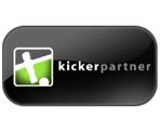 Schwarzes Logo mit der Aufschrift "kicker partner" und einer grünen Figur im linken Quadrat.