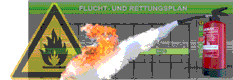 Warnschild mit Flammen, Flucht- und Rettungsplan im Hintergrund, Feuerlöscher rechts.