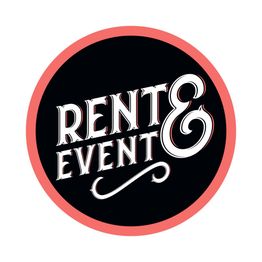 Zwart logo met witte tekst "RENT & EVENT" en een rode rand.