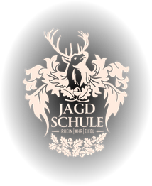 Wappen mit Hirsch und Eichenblättern, Text: Jagdschule Rhein Ahr Eifel.