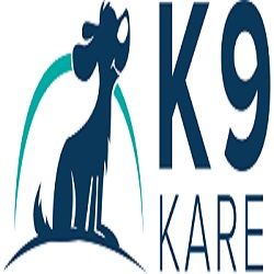 Silhouette of a dog next to the text "K9 Kare" in blue and teal colors.
