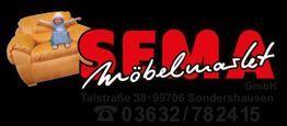 SEMA Möbeldiscount-Logo mit Kinderpuppe auf einem Sessel, Sondershausen, Telefonnummer vorhanden.