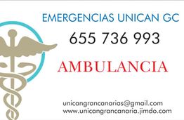 Texto de contacto de emergencias Unican GC con número y símbolo médico. Email y web incluidos.