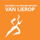Oranje logo met loper en tekst: "Sportfysio- en manuele therapie VAN LIEROP".