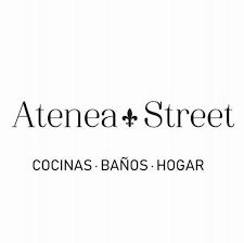Logo de Atenea Street con texto "Cocinas, baños, hogar" y un símbolo de flor de lis.