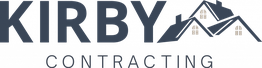 Logo of Kirby Contracting with stylized house rooftops in navy blue.