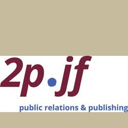 Logo mit Text "2p·jf" und "public relations & publishing" auf weißem Hintergrund.