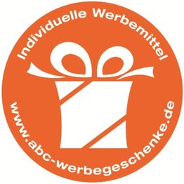 Orange Kreis mit weißem Geschenk-Symbol, Text: "Individuelle Werbemittel: www.abc-werbegeschenke.de".