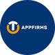 Appfirms logo with a stylized "T" and orange arc on a blue circle background.