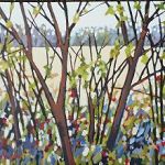 Abstract painting of tree branches with colorful leaves against a muted background.