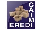 Scatole di cartone impilate con il testo "Caimi Eredi" su sfondo viola.