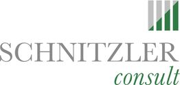 Logo der Firma Schnitzler Consult mit grauer und grüner Schrift und drei grauen Balken.