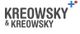 Logo mit schwarzem Text "KREOWSKY & KREOWSKY" und kleinen blauen und roten Pluszeichen.